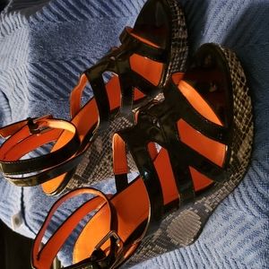 Strappy snakeskin print platform sandals
